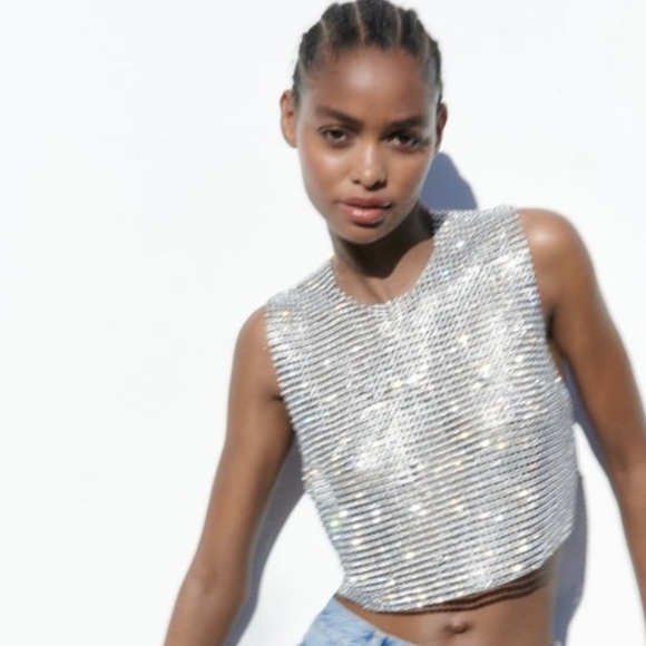 Zara Tops - Zara Silver Sequin Crop Top